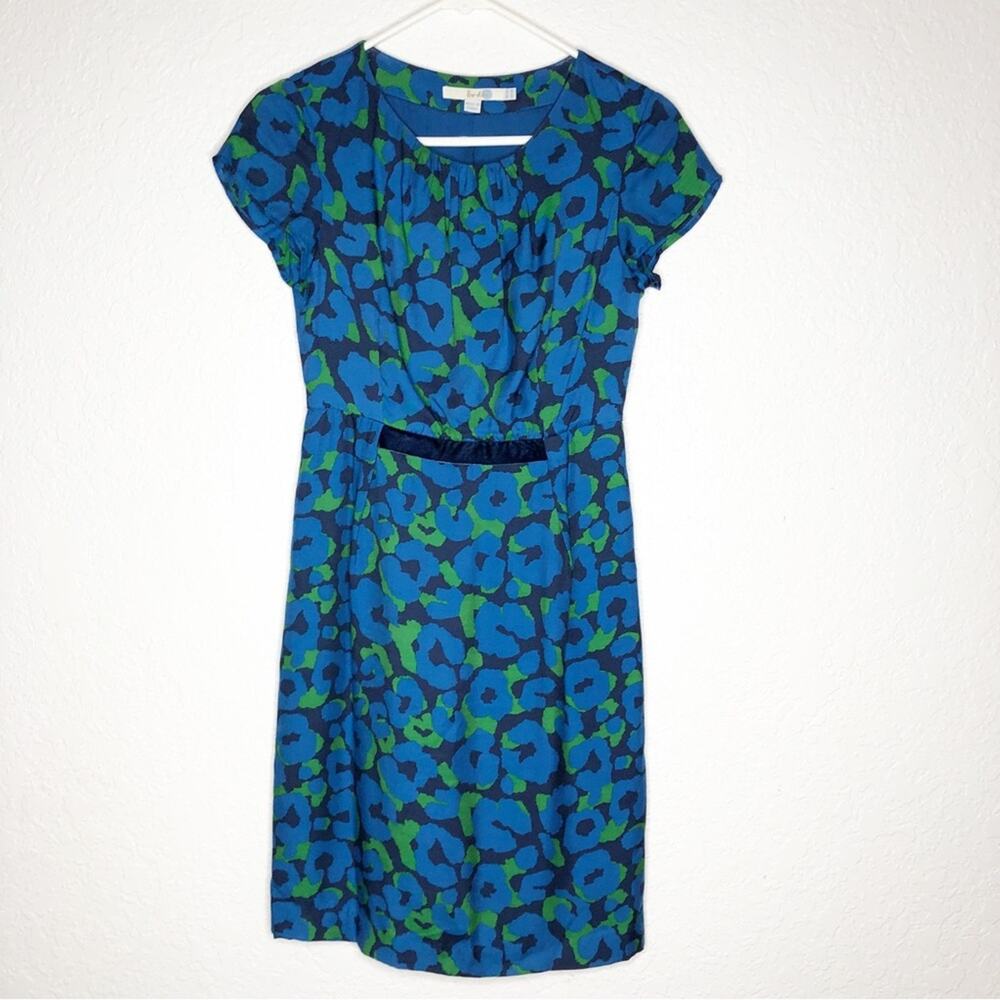 Boden blue green floral cap sleeve silk blend dress size 2R